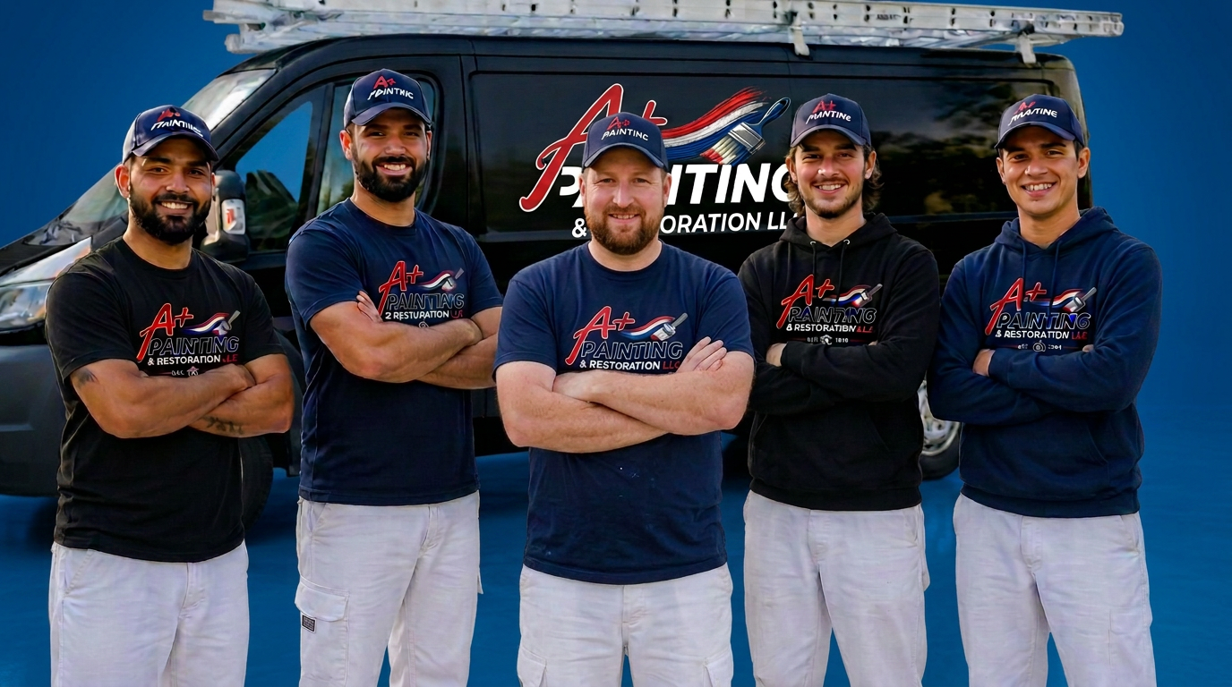 The uniformed A+ Painting & Restoration crew in front of the company van