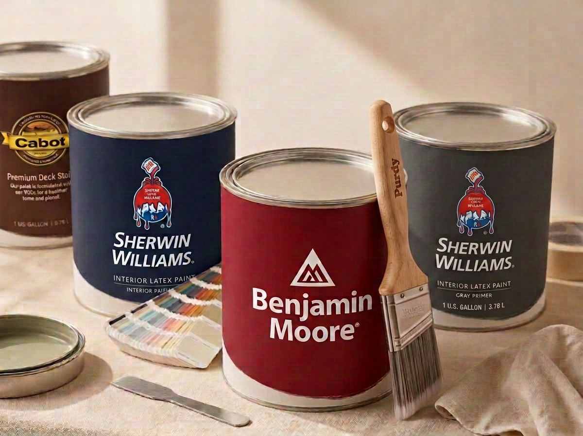 Premium paint cans and color swatches used by A+ Painting & Restoration